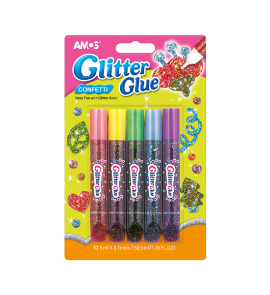 Pegamento Escarchado, Colores Confetti, Blister x 5 Tubos (10.5 mL c.u.)